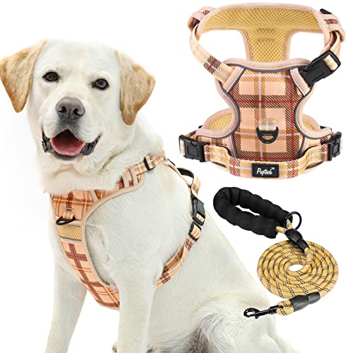 PUPTECK No Pull Dog Harness and Leash Set with Handle Reflective Adjustable Padded Vest Escape Proof for Small Medium Large Dogs Walking Training Hiking, Plaid Beige M