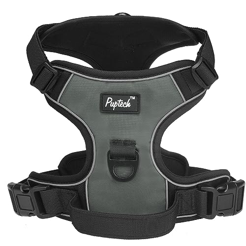 PUPTECK No Pull Dog Harness with Lift Handle for Small Medium Large Dogs Adjustable Reflective Padded Vest Harnesses Escape Proof for Walking Training Hiking, Grey/Black, M