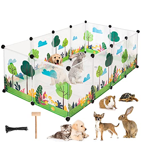 PUPTECK Pet Playpen for Puppies/Rabbits/Kittens/Guinea Pigs/Small Animals, Plastic Indoor Yard Fence, Printed Cage with Bottom, Easy Assembled and Escape Proof