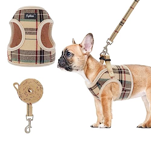 PUPTECK Soft Mesh Dog Harness and Leash Set Step-in Plaid Puppy Padded No Pull Vest Harness for XS Small Medium Sized Dogs Cats Outdoor Walking, Beige S