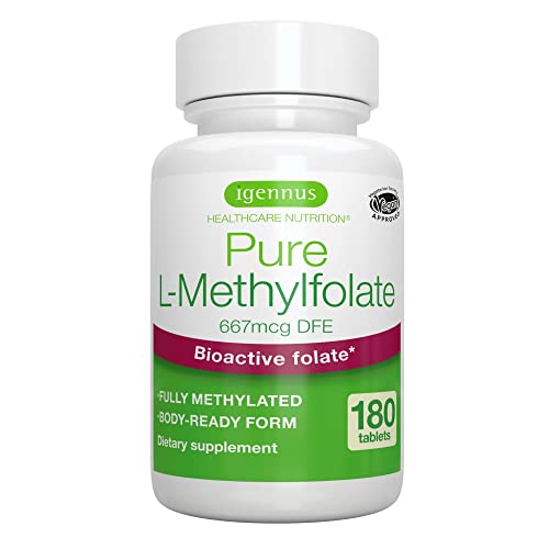 Pure folate 400mcg, 667mcg DFE, Clean Label, 180 Small Tablets, Lab Verified, Vegan & Hypoallergenic, Optimized Methylfolate Supplement for Men & Women, Pregnancy, Mood, & Heart Health, by Igennus