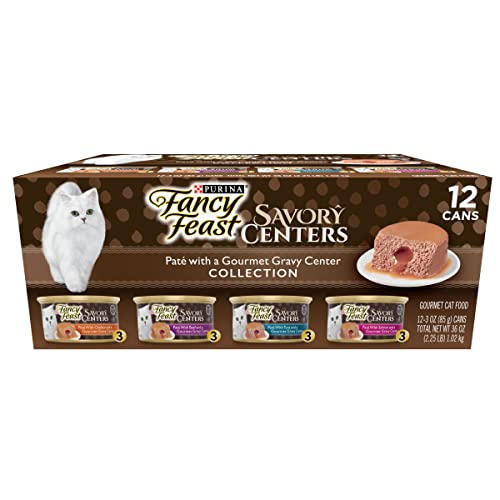 Purina Fancy Feast Pate Wet Cat Food Variety Pack, Savory Centers Pate With a Gravy Center - (2 Packs of 12) 3 oz. Pull-Top Cans