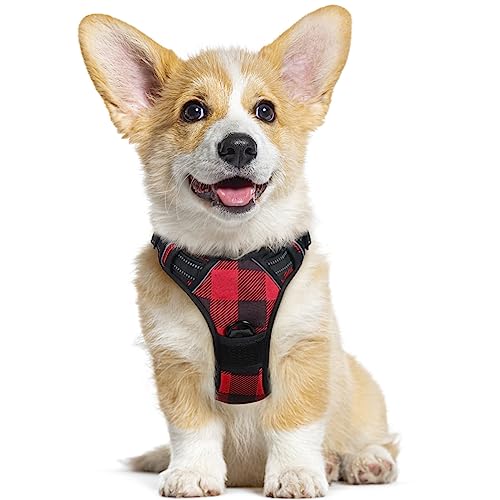 rabbitgoo Dog Harness for Large Dogs No Pull, Adjustable Dog Walking Vest Harness with 2 Leash Clips, Comfort Padded Pet Harness with Handle, Reflective Front Body Harness, Red Plaid, Small