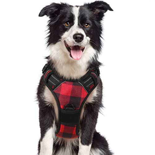 rabbitgoo Dog Harness for Large Dogs No Pull, Adjustable Dog Walking Vest Harness with 2 Leash Clips, Comfort Padded Pet Harness with Handle, Reflective Front Body Harness, Red Plaid, Large