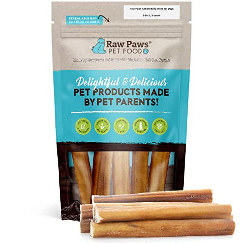 Raw Paws Jumbo Bully Sticks 6 inch, 5-ct - Extra Thick Bully Sticks for Dogs - Grass Fed, No Hormones, Free Range Cows - Pizzle Sticks for Dogs - Long Lasting Bully Bones for Aggressive Chewers