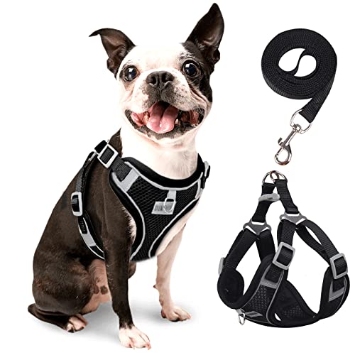 rennaio Dog Harness No Pull, Adjustable Puppy Harness with 2 Leash Clips, Ultra Breathable Padded Dog Vest Harness, Reflective Dog Harness and Leash Set for Small and Medium Dogs (Black, M)