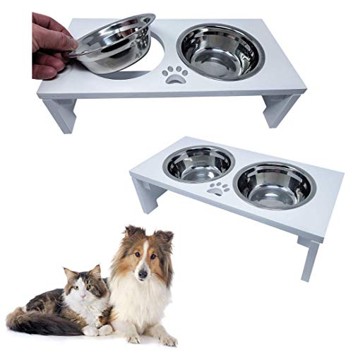 Research Labs Modern & Elegant Bamboo Elevated Dog Bowls/Cat Bowls. Our Durable & Beautiful Raised Pet Feeder Bowl Stand Includes 2 Stainless Steel Food & Water Bowls. Perfect for Smaller Pets, White