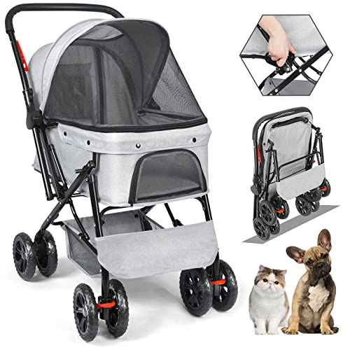 Rultyn Pet Dog Stroller - Strollers for Medium Dogs and Cats with Reversible Handle, Easy to Walking Dog Stroller 360 Rotating Front Puppy Stroller for Small Dogs with Mesh Windows, Removable Liner