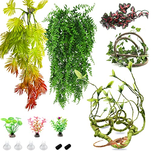 RUNANIA 9 Pieces Reptile Vines Plants, Leopard Gecko Tank Accessories Terrarium Jungle Climbing Vines Hanging Plants with Suction Cups for Bearded Dragon Leopard Gecko Lizard Snake Chameleon