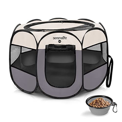 SereneLife On-The-Go Foldable Portable Pet Tent 8-Panel Playpen for Dog & Cat w/Food/Water Bowl, Mesh Exercise Puppy Playground, Pet House Indoor & Outdoor, Travel & Camping Pet Kennel (Grey - Small)