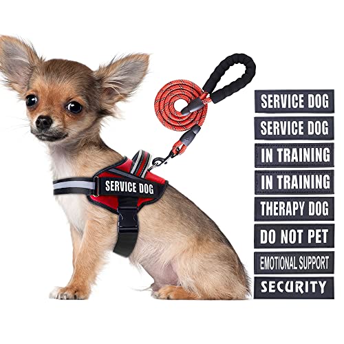 Service Dog Vest Harness and Leash Set, Animire in Training with 8 Patches, Reflective Soft Padded Handle for Small, Medium, Large, Extra-Large Dogs (RED,S)