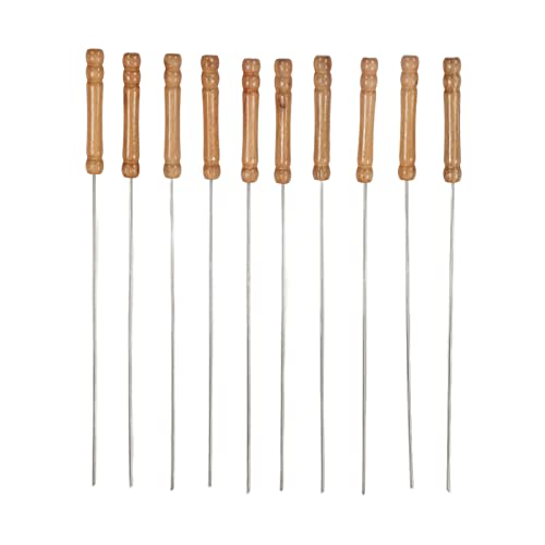 Set of 10 Metal Kabab Sticks, Stainless Steel Barbecue Skewers with Wooden Handle Meat Hot Dog Fork Reusable BBQ Skewers for Grilling