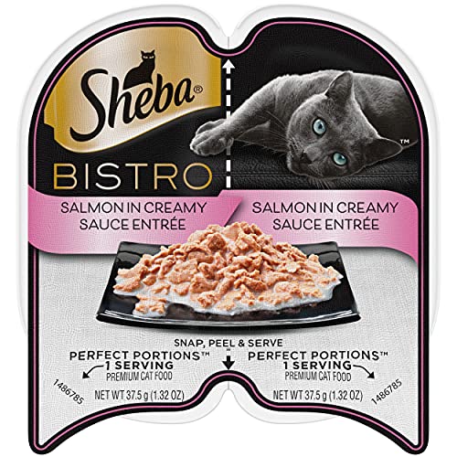 Sheba Perfect PORTIONS Bistro Wet Cat Food Trays (24 Count, 48 Servings), Salmon in Creamy Sauce Entrée, Easy Peel Twin-Pack Trays