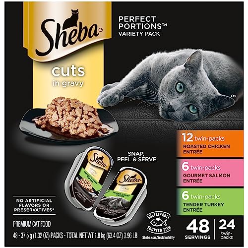 SHEBA PERFECT PORTIONS Cuts in Gravy Adult Wet Cat Food Trays (24 Count, 48 Servings), Roasted Chicken, Gourmet Salmon and Tender Turkey Entrée, Easy Peel Twin-Pack Trays