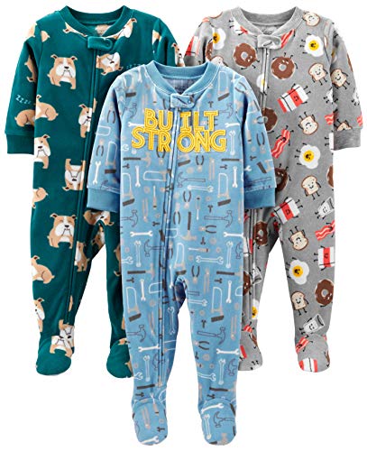 Simple Joys by Carter's Baby Boys' Loose-Fit Flame Resistant Fleece Footed Pajamas, Pack of 3, Blue Tools/Green Dogs/Grey Breakfast, 18 Months