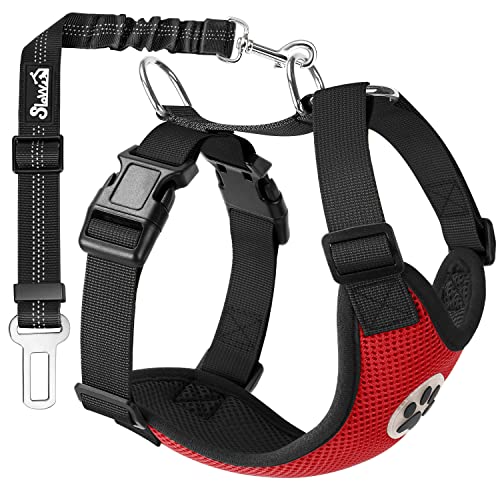 SlowTon Dog Seat Belt Car Harness Set - Adjustable Dog Seatbelt with Carabiner for Most Cars, Breathable Dog Vest Harness Padded with Car Safety Leash for Small Medium Large Dogs Puppy Cats(Red M)