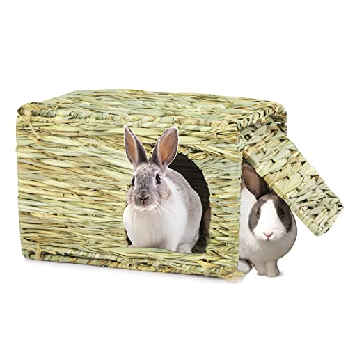 Small Bunny Grass House,Small Grass House for Rabbits Hand Crafted Natural Grass Hideaway Foldables Bed Hut with Openings Playhouse for Bunny,Guinea Pig,Chinchilla Small Animals to Play,Sleep,Eat.