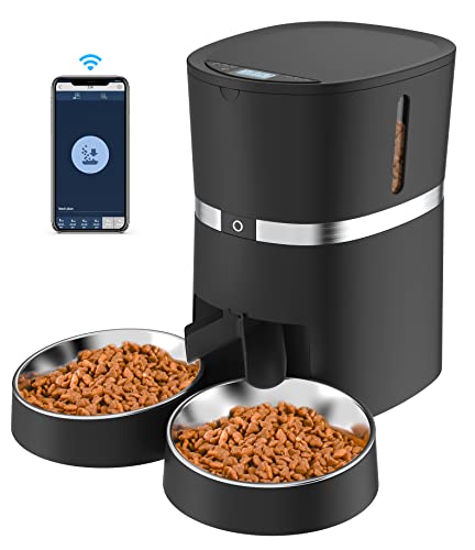 Smart Cat Feeder, WellToBe Automatic Cat Feeder WiFi Enable Pet Dog Food Dispenser App Control for Cat&Dog with Two-Way Splitter and Two Bowls, Voice Recorder Distribution Alarms, Portion Control