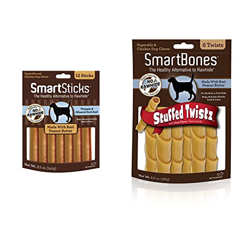 SmartBones SmartSticks, Treat Your Dog to a Rawhide-Free Chew Made with Real Meat and Vegetables & Stuffed Twistz with Peanut Butter, Rawhide-Free Chews for Dogs Stuffed with Pork Flavor, 6 Twistz