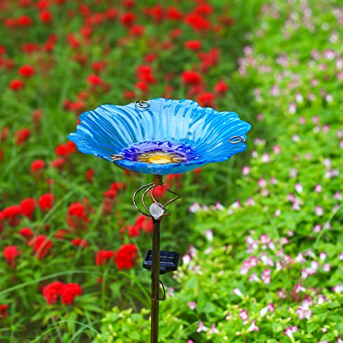 Solar Glass Blue Bird Bath, Yard Art，Garden Outdoor Birdbath with Metal Stake with White LED Light Metal Stake Garden Decor Gifts