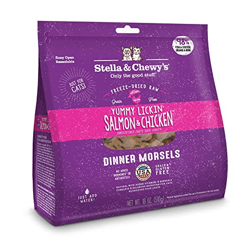 Stella & Chewy’s Freeze-Dried Raw Cat Dinner Morsels – Grain Free, Protein Rich Cat & Kitten Food – Yummy Lickin’ Salmon & Chicken Recipe – 18 oz Bag