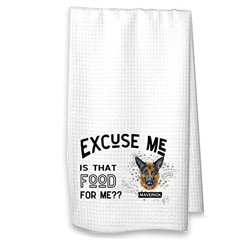 Studio 9Thirty3 German Shepherd Kitchen Towel, Personalized Dog Gift for Dad, Gift from Dog, Excuse Me is That Food for Me Funny Dog Towel (White Towel, German Shepherd Brown with Name)