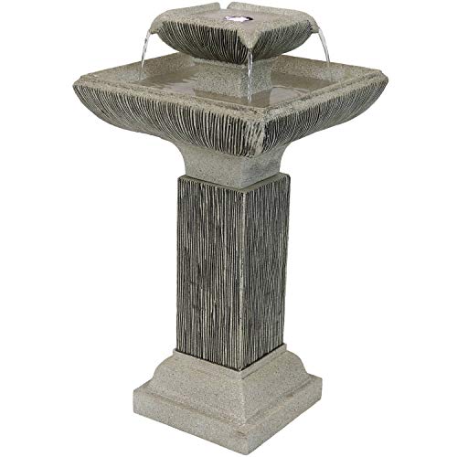 Sunnydaze 25-Inch Square 2-Tier Outdoor Bird Bath Water Fountain - LED Lights - Electric Submersible Pump with Adjustable Flow