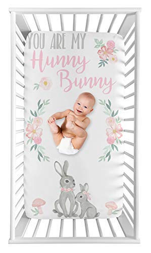 Sweet Jojo Designs Woodland Bunny Floral Girl Fitted Crib Sheet Baby or Toddler Bed Nursery Photo Op - Blush Pink and Grey Boho Watercolor Rose Flower Forest