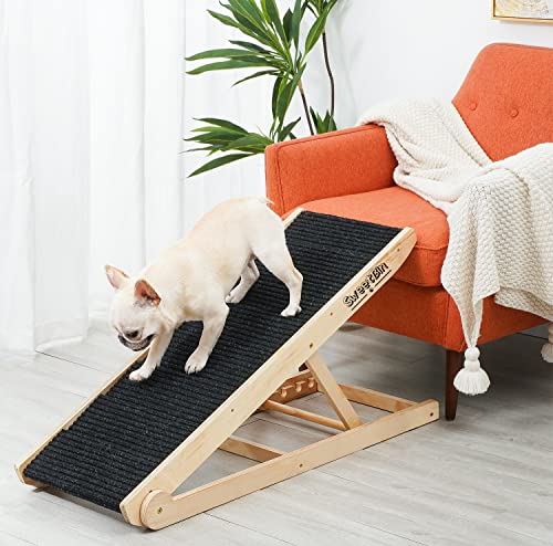 SweetBin Wooden Adjustable Pet Ramp for All Dogs and Cats - Non Slip Carpet Surface and Foot Pads - 41" Long and Adjustable from 12” to 24” - Up to 200LBS - Folding Dog Car Ramps for SUV, Bed, Couch