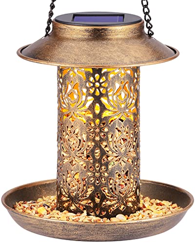 SWEETFULL Solar Bird Feeder for Outdoors Hanging, Metal Wild Bird Feeder for Cardinals Solar Garden Lantern with S Hook as Gift Ideas for Bird Lovers (2LBs Heavy Duty Weather Resistance birdfeeders)