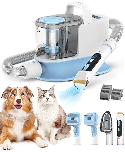 syvio Dog Vacuum Brush for Shedding Grooming, Low Noise, 5-in-1 Dog Grooming Kit with Vacuum 99% Pet Hair, Long Hose, 1.2L Dustbin, Dog Hair Vacuum Groomer for DeShedding Pet Hair, Home Cleaning