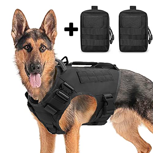 Tactical Dog Harness for Medium and Large Dogs No Pull Adjustable Dog Vest for Training Hunting Walking Military Dog Harness with Handle Service Dog Vest with Molle Panels Black,L,with 2 Pouches