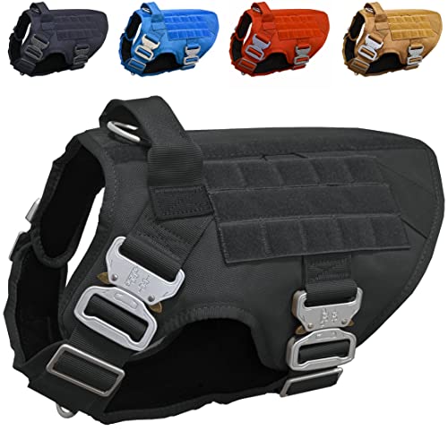 Tactical Dog Harness with 4 Metal Buckles, Waterproof; bite-Proof Military Grade Dog Vest, Stop pulls but Does not Choke Neck, Great with Prevents Escapes, Heavy-Duty Dog Harness for Large Dogs Black