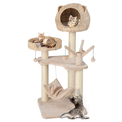 Tangkula Cat Tree for Indoor Cats, Multi-Level Tall Cat Tree with Natural Sisal Scratching Posts, Hammock, Hand-Made Cattail Cute Cat Condo with Funny Toy Balls, Modern Cat Tree Tower for Large Cats