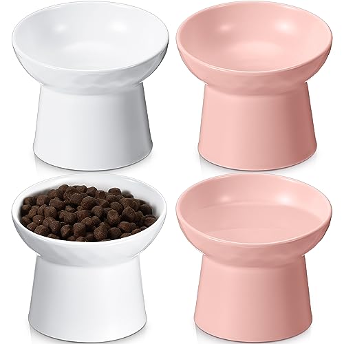 Tanlade 4 Pcs Ceramic Raised Cat Food Bowls Tilted Elevated Cat Food Bowl, Stress Free, Whisker Fatigue, Backflow Prevention, Dishwasher and Microwave Safe, Food and Water Bowls Set (White and Pink)