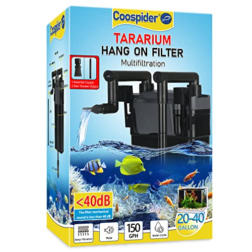 TARARIUM Aquarium Filter for 20-40 Gal. Tank Crystal 150GPH Multi Stage Filtration Silent Fish Tank Filters Hang on Back Canister Filter in Freshwater&Saltwater System