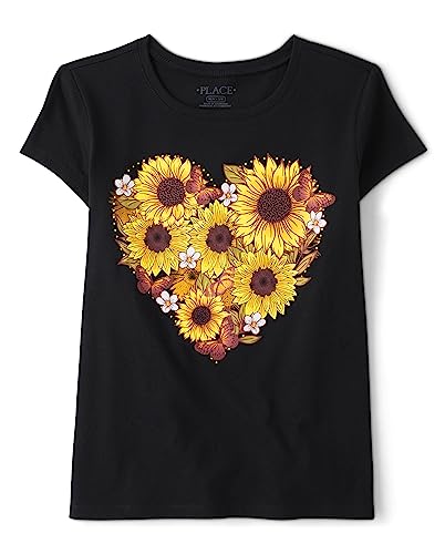 The Children's Place Girls' Short Sleeve Fall Thanksgiving T-Shirt, Sunflower Heart, X-Small