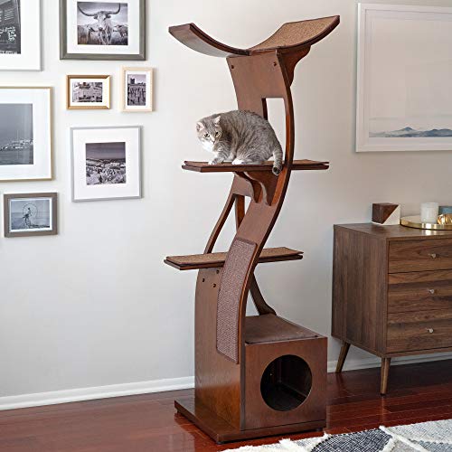 THE REFINED FELINE 69 Inch Tall Mahogany Brown Lotus Cat Tower, Multi-Level Modern Cat Tree for Indoor Cats with Scratching Post, Climbing Cat Condo with Cushioned Cubby