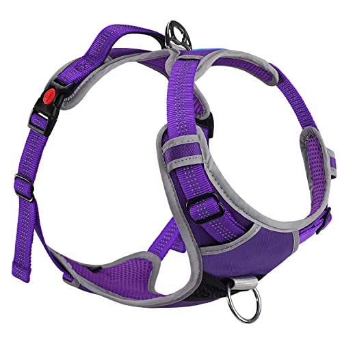 ThinkPet No Pull Harness Breathable Sport Harness with Handle-Dog Harnesses Reflective Adjustable for Medium Large Dogs,Back/Front Clip for Easy Control L Purple