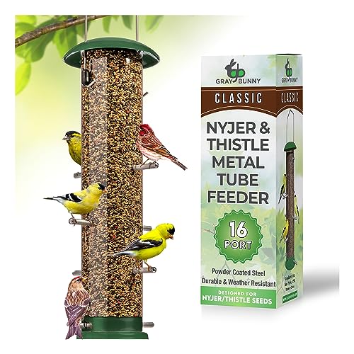 Thistle & Nyjer Bird Feeders for Outdoors Hanging, Metal Finch Bird Feeder with 16 Small Ports & 8 Metal Perches, Chew Proof, Great for Wild Bird