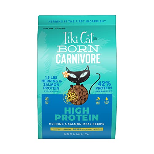 Tiki Cat Born Carnivore High Protein, Herring & Salmon Meal, Grain-Free Baked Kibble to Maximize Nutrients, Dry Cat Food, 2.8 lbs. Bag