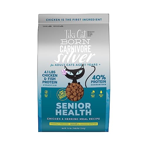 Tiki Cat Born Carnivore High Protein Silver Senior Health Non-GMO Dry Cat Food, Chicken & Herring 5.6 lbs. Bag