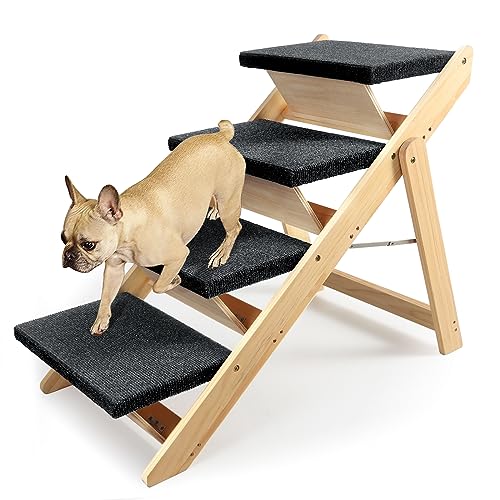 TOFUUMI Pet Stairs/Steps, Wooden Dogs Steps for High Beds, Sofas, Couch, Cars, 2-in-1 Foldable Wood Dog Ramp with Non-Slip Pads, Safety, Dog Steps for Elevated Platform up to 28