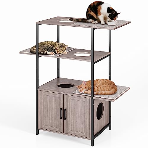 TOLEAD Cat Tree with Litter Box Enclosure, Modern Cat Litter Box Furniture Hidden with Cabinet for Large Cats, Metal Frame 3-Tier Cat Tower, 3 Removable Washable Cushions…