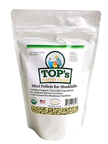 TOP's Parrot Food Mini Pellets Bird Food for Budgies, Cockatiels, Parrotlets, Lovebirds, Parakeets - Non-GMO, Peanut Soy & Corn Free, USDA Organic Certified - 1 lb