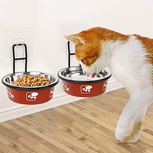 Torlam Elevated Cat Bowls, Wall Mounted Cat Food Dish, Raised Cat Food and Water Bowls, Stainless Steel Elevated Pet Bowls with Stand, Nonslip No Spill Pet Feeding Bowls (2 Packs) (Red)