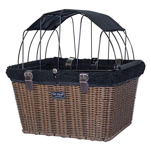 Travelin K9 Pet-Pilot MAX Wicker Bike Basket for Dogs/Cats - Includes Wire Cage Top w/ Sun Shade + plush removable padded liner, Multi Color