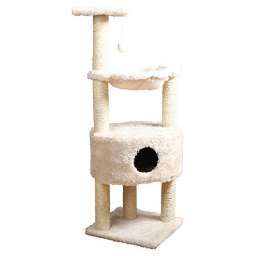 TRIXIE Baza Cat Tower, Scratching Posts, Condo, Hammock, Platform, Dangling Pom-Pom,Cream,44543 Large