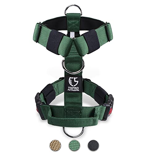 TSPRO Tactical Dog Vest Harnesses with Handle 1.5 inch Wide Military Grade Strong Padded Thick Dog Harnesses Heavy Duty Dog Harnesses Quick-Release Buckle for Medium Large Dogs(Green-M)