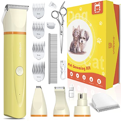 unibono Dog Clippers Grooming Kit Upgraded, Heavy Duty Rechargeable Low Noise Paw Trimmer Quiet IPx7 Electric Home Pet Hair Shaver for Dogs Cats and Other Pets